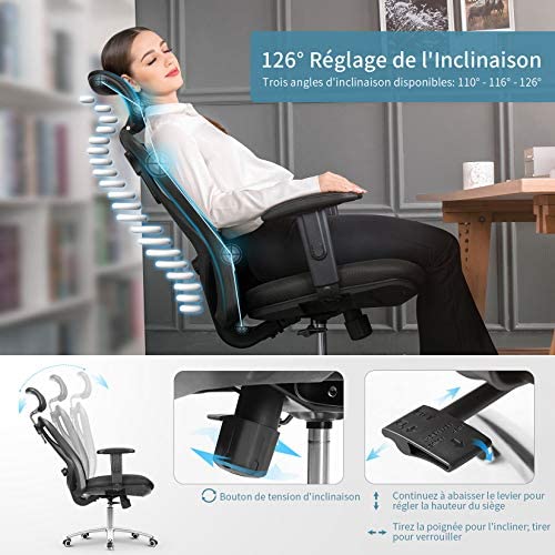 Chaise de bureau ERGO MOOV' - Tissu et maille - Dossier haut avec soutien  lombaire - Appui-tête - Accoudoirs - Mécanisme synchrone avec réglage  profondeur d'assise sur